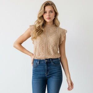Cable & Gauge Lace Blouse in Beige